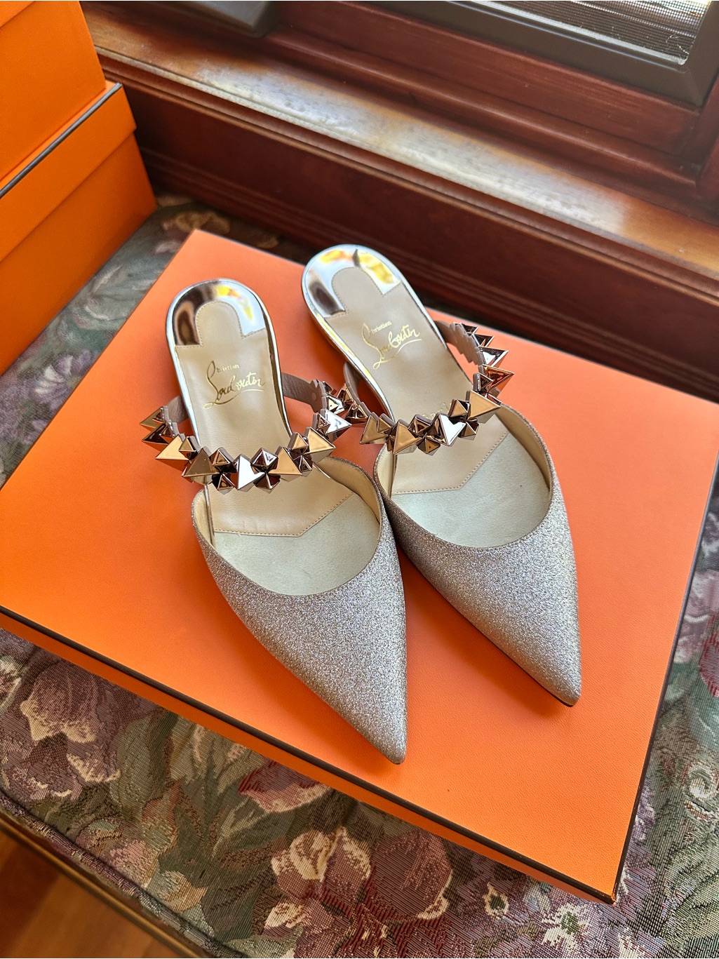 Christian Louboutin Choc Flat Mini Glitter Pointed-Toe Stud Strap Mule
